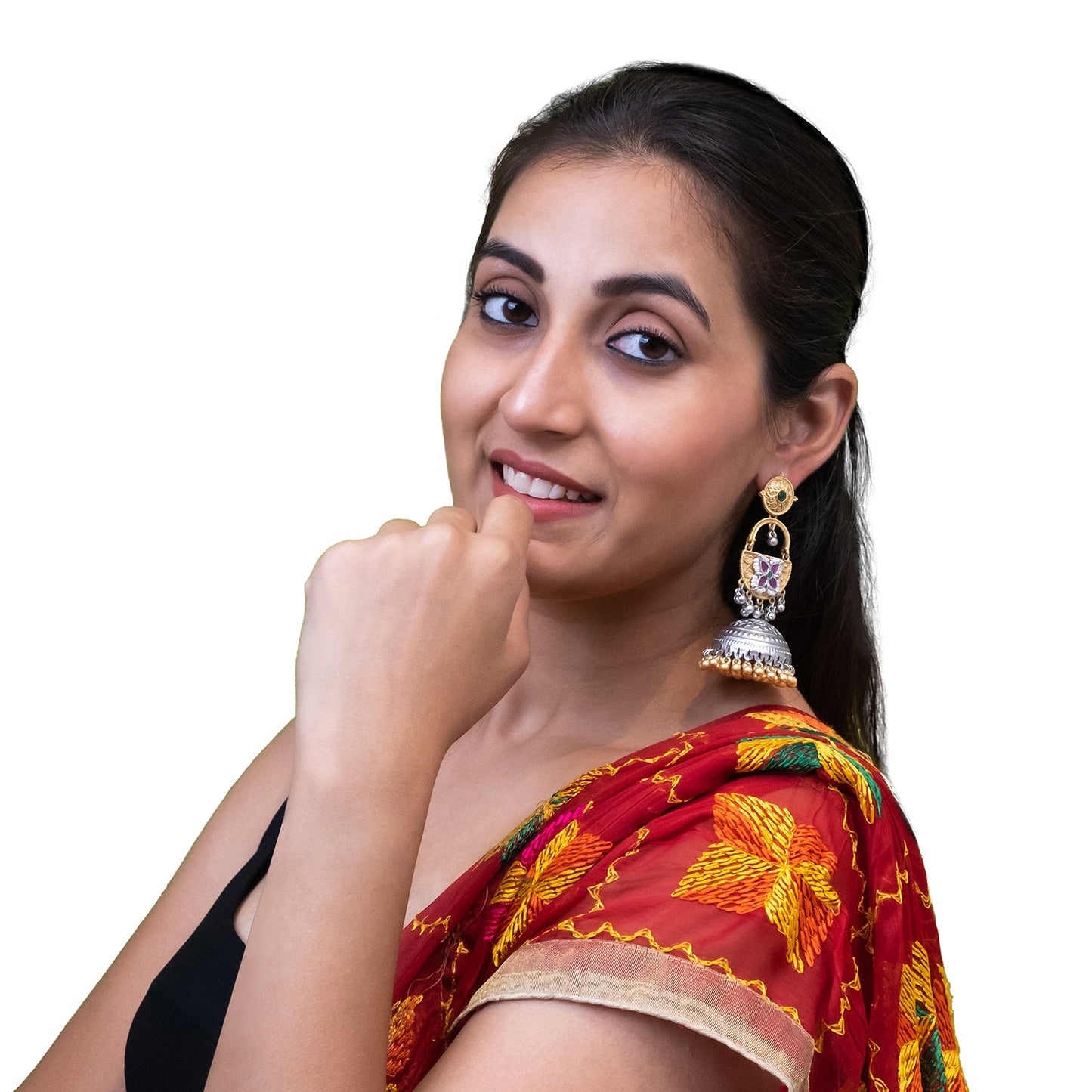 Shining Jewel- by Shivansh Traditional Indian Matte Dual Two Tone Plated CZ, Pearl Studded Over-sized Jhumka Earring for Women - Red and Green (SJE_328_RG)