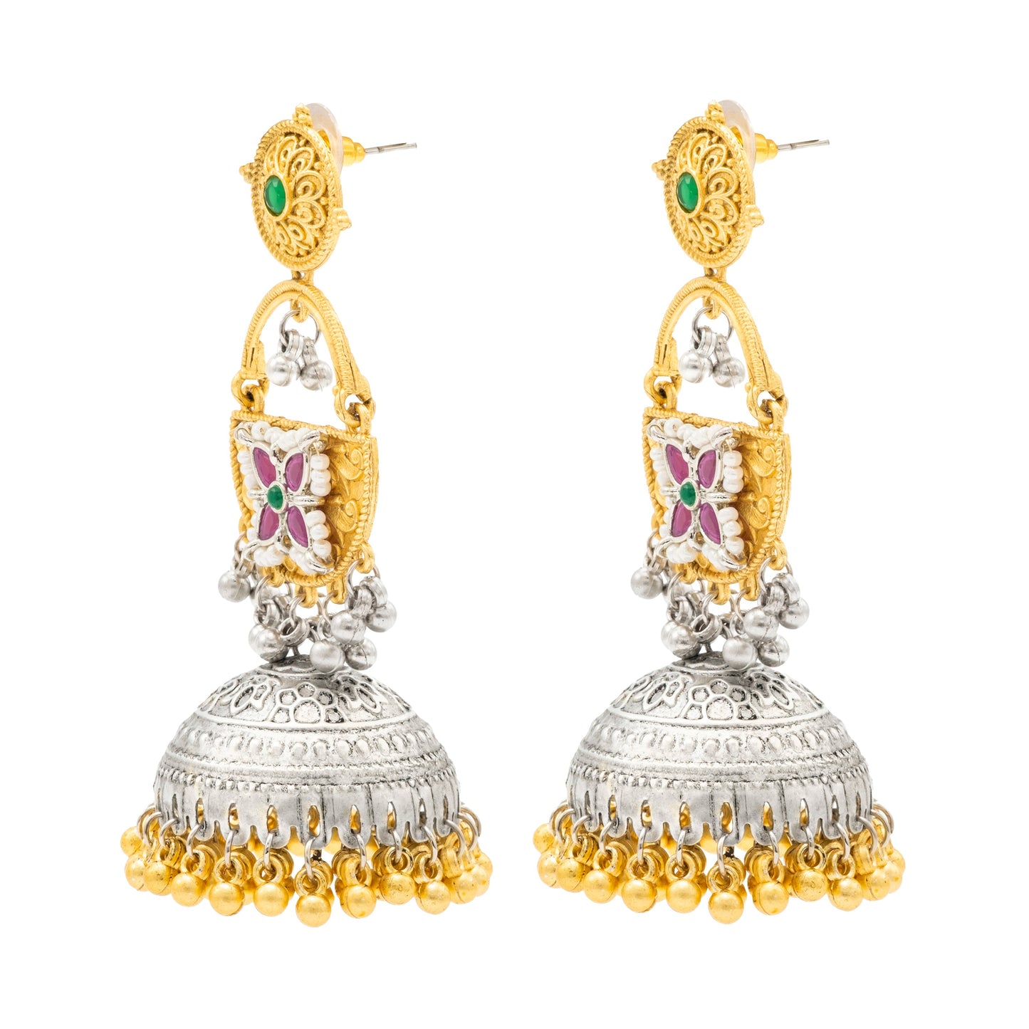 Shining Jewel- by Shivansh Traditional Indian Matte Dual Two Tone Plated CZ, Pearl Studded Over-sized Jhumka Earring for Women - Red and Green (SJE_328_RG)