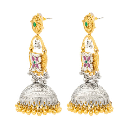 Shining Jewel- by Shivansh Traditional Indian Matte Dual Two Tone Plated CZ, Pearl Studded Over-sized Jhumka Earring for Women - Red and Green (SJE_328_RG)