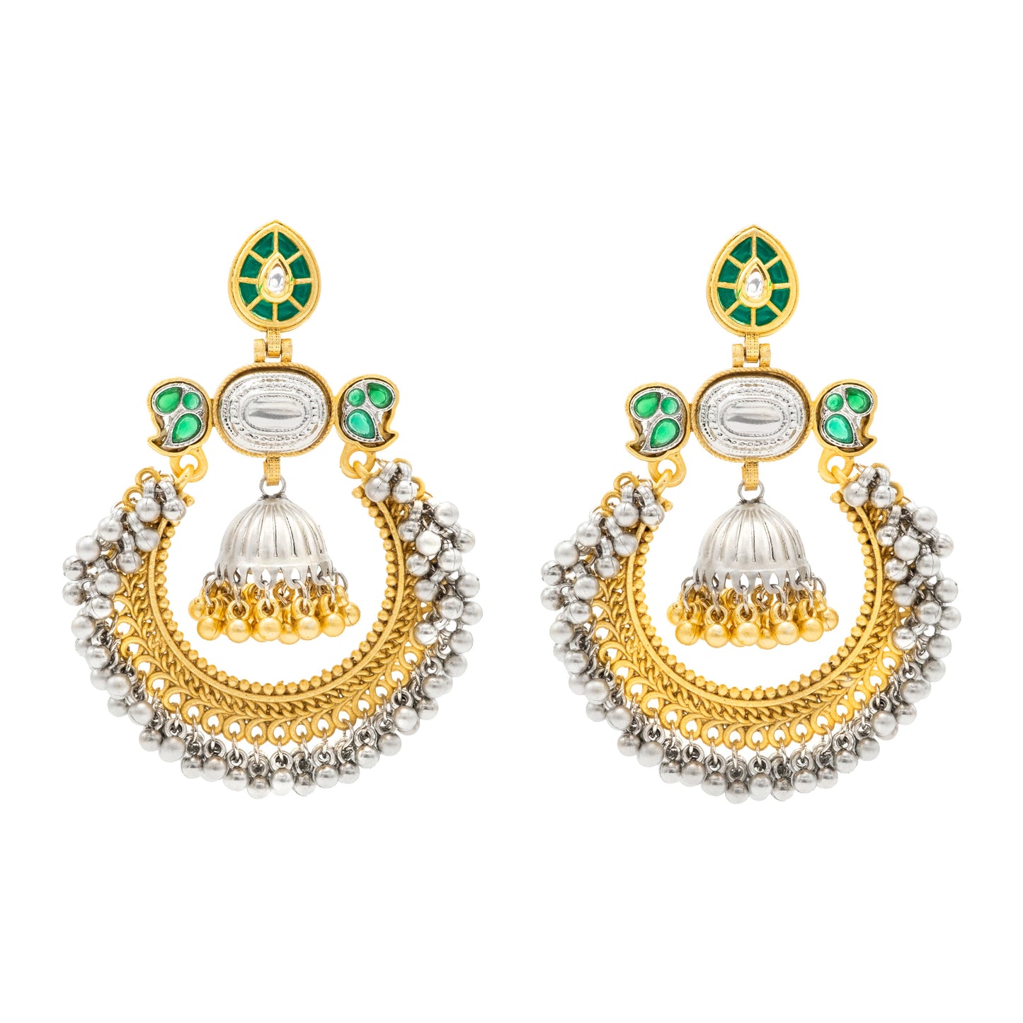 Shining Jewel - by Shivansh Traditional Indian Matte Dual Tone Plated CZ, Pearl Studded Over-sized Chandbali Jhumka Earring for Women - Green (SJE_329_G)