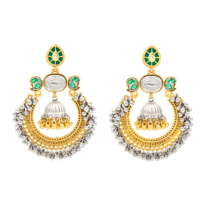 Shining Jewel - by Shivansh Traditional Indian Matte Dual Tone Plated CZ, Pearl Studded Over-sized Chandbali Jhumka Earring for Women - Green (SJE_329_G)