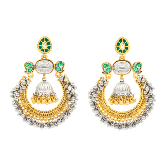 Shining Jewel - by Shivansh Traditional Indian Matte Dual Tone Plated CZ, Pearl Studded Over-sized Chandbali Jhumka Earring for Women - Green (SJE_329_G)