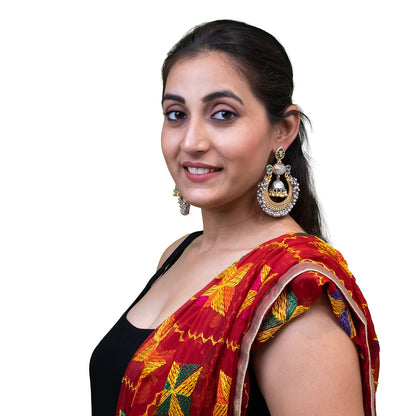 Shining Jewel - by Shivansh Traditional Indian Matte Dual Tone Plated CZ, Pearl Studded Over-sized Chandbali Jhumka Earring for Women - Green (SJE_329_G)