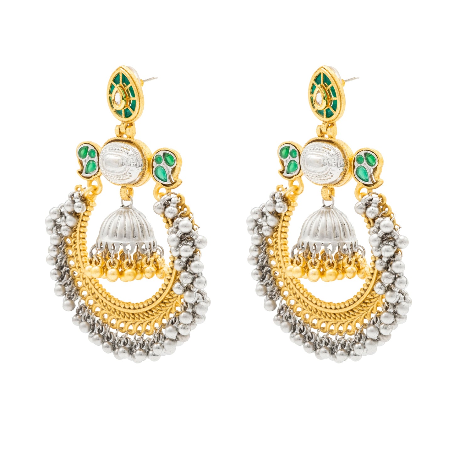 Shining Jewel - by Shivansh Traditional Indian Matte Dual Tone Plated CZ, Pearl Studded Over-sized Chandbali Jhumka Earring for Women - Green (SJE_329_G)