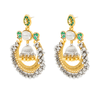 Shining Jewel - by Shivansh Traditional Indian Matte Dual Tone Plated CZ, Pearl Studded Over-sized Chandbali Jhumka Earring for Women - Green (SJE_329_G)