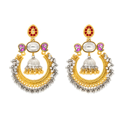 Shining Jewel - by Shivansh Traditional Indian Matte Dual Tone Plated CZ, Pearl Studded Over-sized Chandbali Jhumka Earring for Women - Maroon (SJE_329_M)