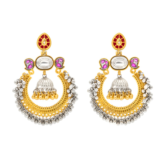 Shining Jewel - by Shivansh Traditional Indian Matte Dual Tone Plated CZ, Pearl Studded Over-sized Chandbali Jhumka Earring for Women - Maroon (SJE_329_M)