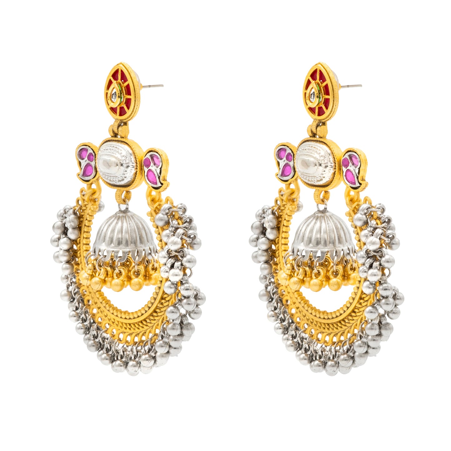 Shining Jewel - by Shivansh Traditional Indian Matte Dual Tone Plated CZ, Pearl Studded Over-sized Chandbali Jhumka Earring for Women - Maroon (SJE_329_M)