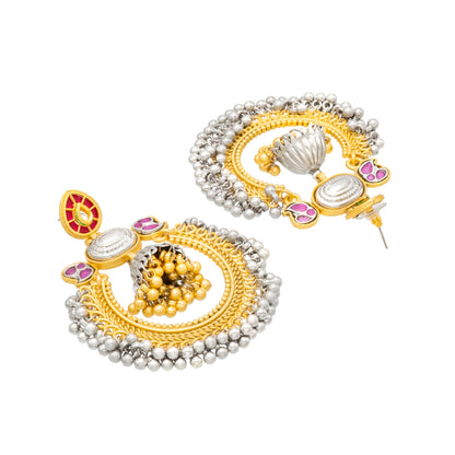 Shining Jewel - by Shivansh Traditional Indian Matte Dual Tone Plated CZ, Pearl Studded Over-sized Chandbali Jhumka Earring for Women - Maroon (SJE_329_M)