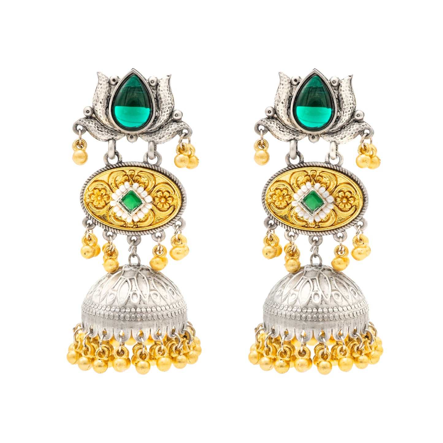 Shining Jewel- by Shivansh Traditional Indian Matte Dual Two Tone Plated CZ, Pearl Studded Medium Sized Jhumka Earring for Women - Green (SJE_330_G)
