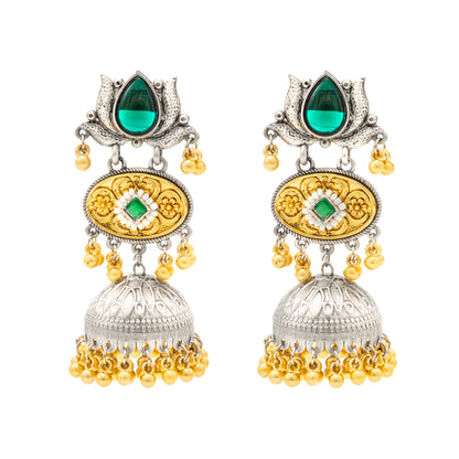 Shining Jewel- by Shivansh Traditional Indian Matte Dual Two Tone Plated CZ, Pearl Studded Medium Sized Jhumka Earring for Women - Green (SJE_330_G)