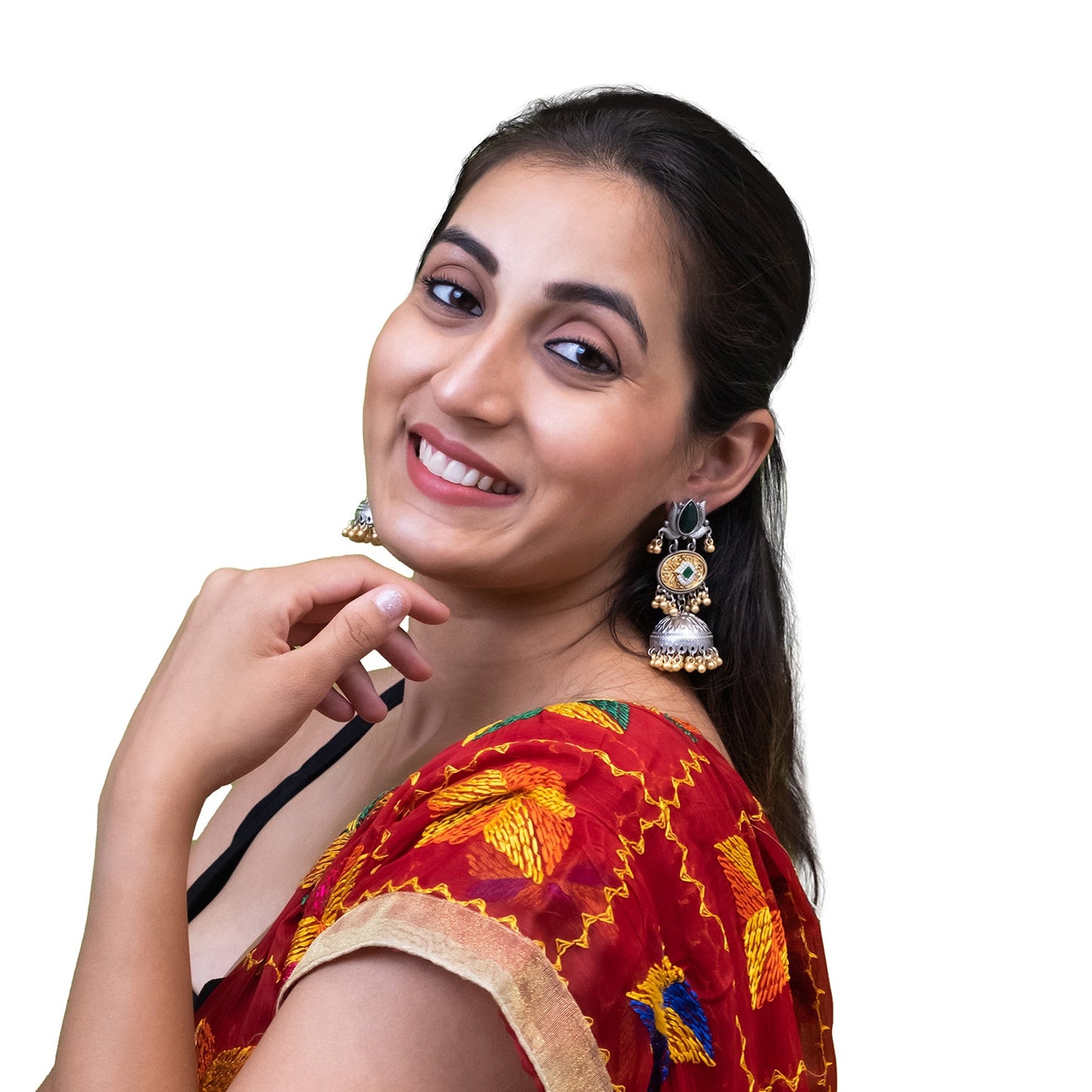 Shining Jewel- by Shivansh Traditional Indian Matte Dual Two Tone Plated CZ, Pearl Studded Medium Sized Jhumka Earring for Women - Green (SJE_330_G)
