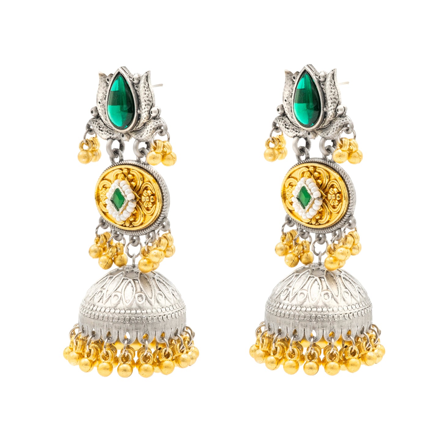 Shining Jewel- by Shivansh Traditional Indian Matte Dual Two Tone Plated CZ, Pearl Studded Medium Sized Jhumka Earring for Women - Green (SJE_330_G)