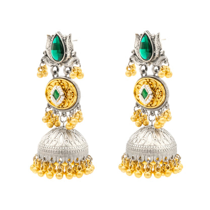 Shining Jewel- by Shivansh Traditional Indian Matte Dual Two Tone Plated CZ, Pearl Studded Medium Sized Jhumka Earring for Women - Green (SJE_330_G)