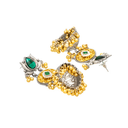 Shining Jewel- by Shivansh Traditional Indian Matte Dual Two Tone Plated CZ, Pearl Studded Medium Sized Jhumka Earring for Women - Green (SJE_330_G)