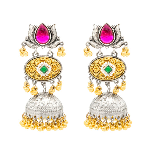 Shining Jewel- by Shivansh Traditional Indian Matte Dual Two Tone Plated CZ, Pearl Studded Medium Sized Jhumka Earring for Women - Red and Green (SJE_330_RG)