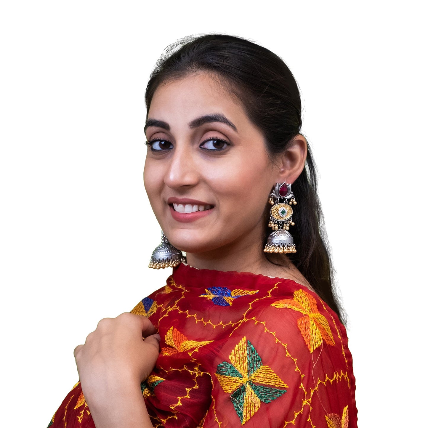 Shining Jewel- by Shivansh Traditional Indian Matte Dual Two Tone Plated CZ, Pearl Studded Medium Sized Jhumka Earring for Women - Red and Green (SJE_330_RG)