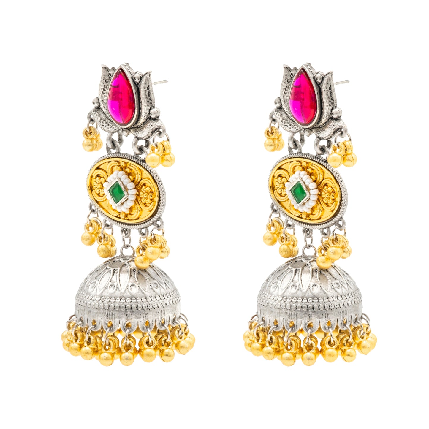 Shining Jewel- by Shivansh Traditional Indian Matte Dual Two Tone Plated CZ, Pearl Studded Medium Sized Jhumka Earring for Women - Red and Green (SJE_330_RG)