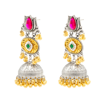 Shining Jewel- by Shivansh Traditional Indian Matte Dual Two Tone Plated CZ, Pearl Studded Medium Sized Jhumka Earring for Women - Red and Green (SJE_330_RG)