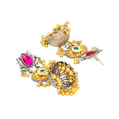 Shining Jewel- by Shivansh Traditional Indian Matte Dual Two Tone Plated CZ, Pearl Studded Medium Sized Jhumka Earring for Women - Red and Green (SJE_330_RG)