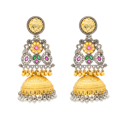 Shining Jewel- by Shivansh Traditional Indian Matte Dual Two Tone Plated CZ, Pearl Studded Over-sized Jhumka Earring for Women - Red and Green (SJE_331_RG)