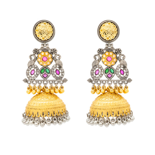 Shining Jewel- by Shivansh Traditional Indian Matte Dual Two Tone Plated CZ, Pearl Studded Over-sized Jhumka Earring for Women - Red and Green (SJE_331_RG)