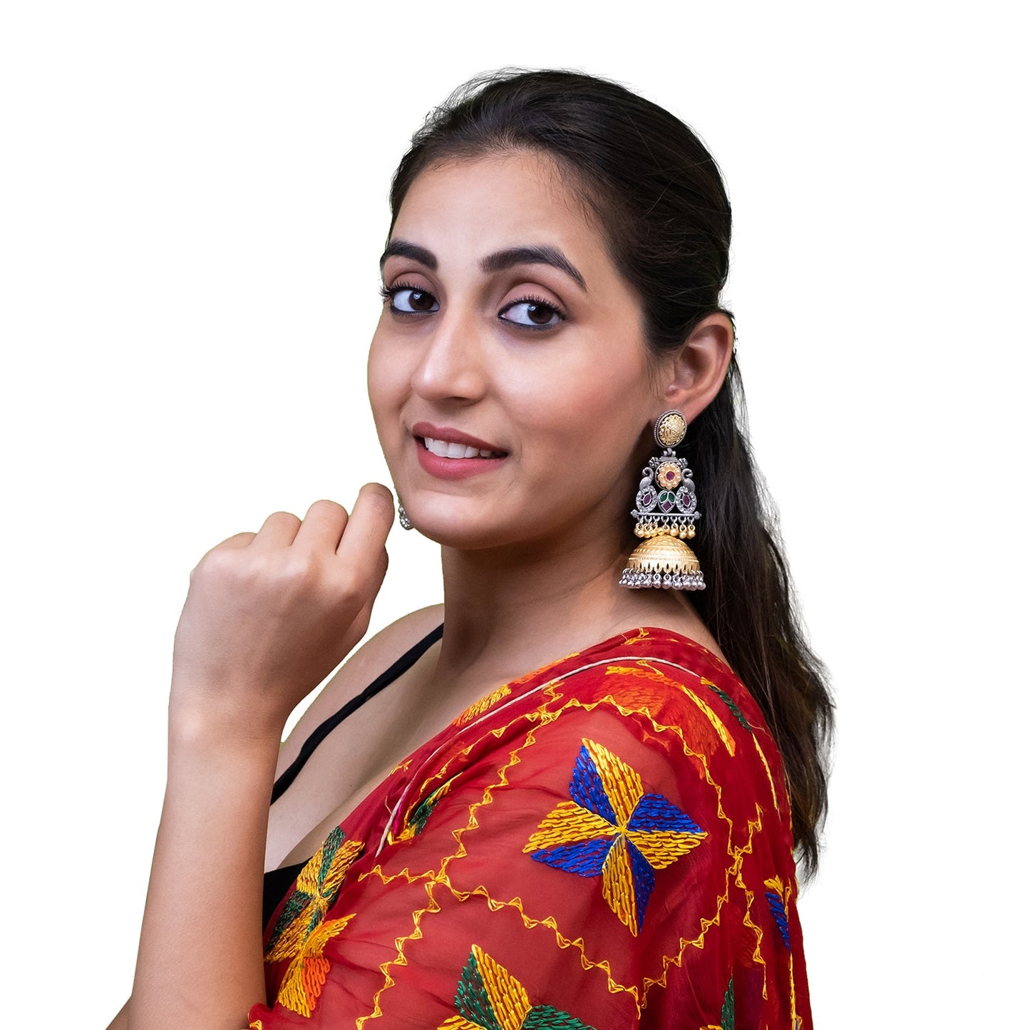 Shining Jewel- by Shivansh Traditional Indian Matte Dual Two Tone Plated CZ, Pearl Studded Over-sized Jhumka Earring for Women - Red and Green (SJE_331_RG)