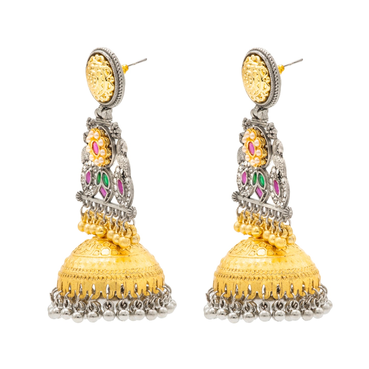 Shining Jewel- by Shivansh Traditional Indian Matte Dual Two Tone Plated CZ, Pearl Studded Over-sized Jhumka Earring for Women - Red and Green (SJE_331_RG)
