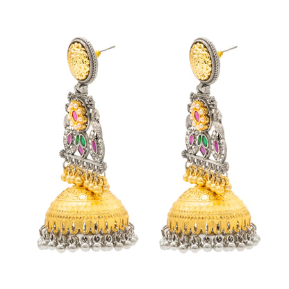 Shining Jewel- by Shivansh Traditional Indian Matte Dual Two Tone Plated CZ, Pearl Studded Over-sized Jhumka Earring for Women - Red and Green (SJE_331_RG)