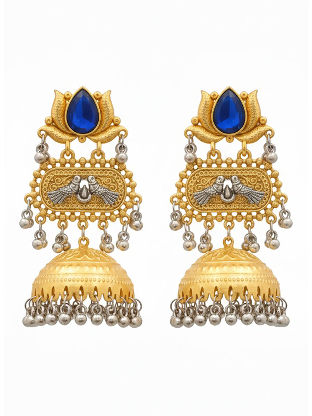 Traditional Indian Dual Two Tone Plated CZ, Pearl Studded Over-sized Jhumka Earring For Women - Blue (SJE_332_BL)