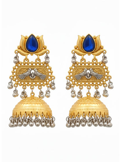 Traditional Indian Dual Two Tone Plated CZ, Pearl Studded Over-sized Jhumka Earring For Women - Blue (SJE_332_BL)