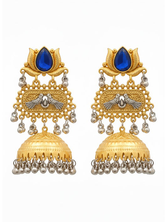 Traditional Indian Dual Two Tone Plated CZ, Pearl Studded Over-sized Jhumka Earring For Women - Blue (SJE_332_BL)