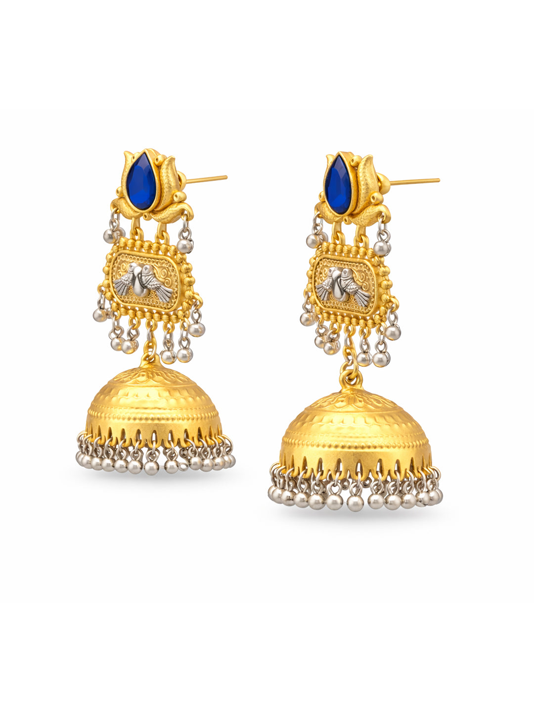 Traditional Indian Dual Two Tone Plated CZ, Pearl Studded Over-sized Jhumka Earring For Women - Blue (SJE_332_BL)