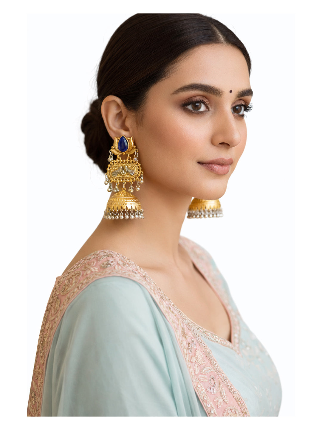 Traditional Indian Dual Two Tone Plated CZ, Pearl Studded Over-sized Jhumka Earring For Women - Blue (SJE_332_BL)