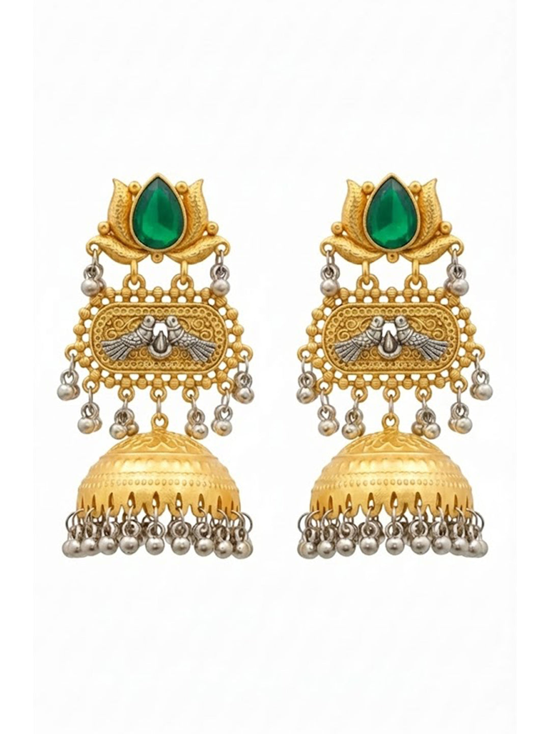 Traditional Indian Dual Two Tone Plated CZ, Pearl Studded Over-sized Jhumka Earring For Women - Green (SJE_332_G)