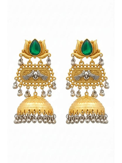 Traditional Indian Dual Two Tone Plated CZ, Pearl Studded Over-sized Jhumka Earring For Women - Green (SJE_332_G)