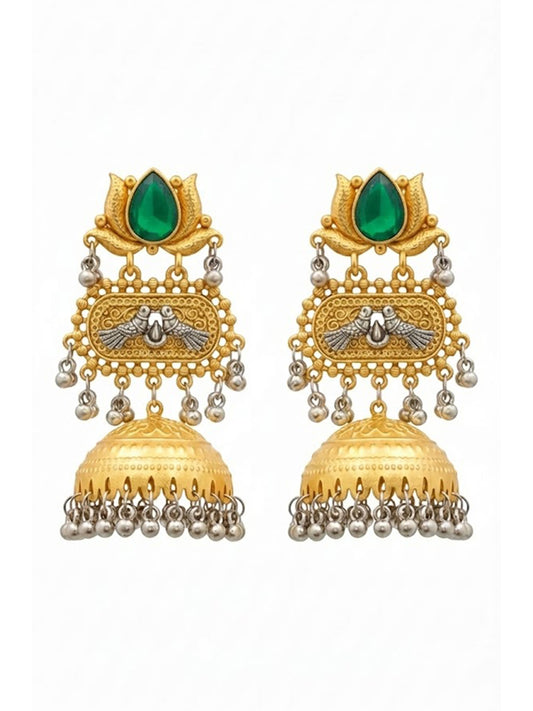 Traditional Indian Dual Two Tone Plated CZ, Pearl Studded Over-sized Jhumka Earring For Women - Green (SJE_332_G)