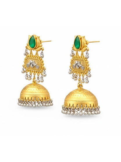 Traditional Indian Dual Two Tone Plated CZ, Pearl Studded Over-sized Jhumka Earring For Women - Green (SJE_332_G)
