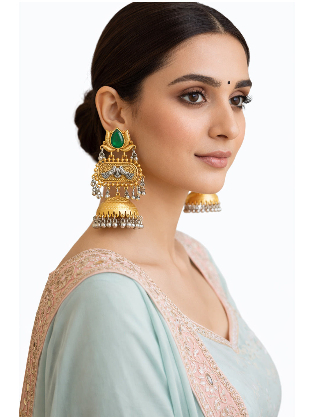 Traditional Indian Dual Two Tone Plated CZ, Pearl Studded Over-sized Jhumka Earring For Women - Green (SJE_332_G)