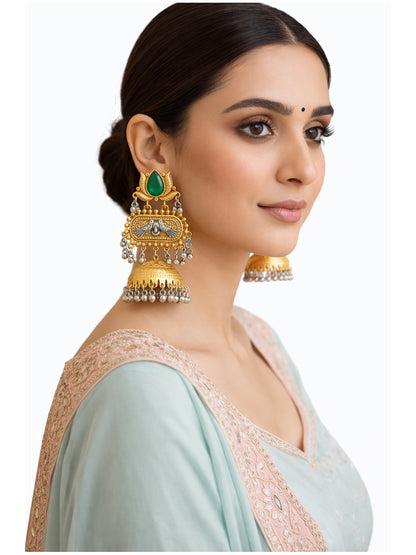 Traditional Indian Dual Two Tone Plated CZ, Pearl Studded Over-sized Jhumka Earring For Women - Green (SJE_332_G)