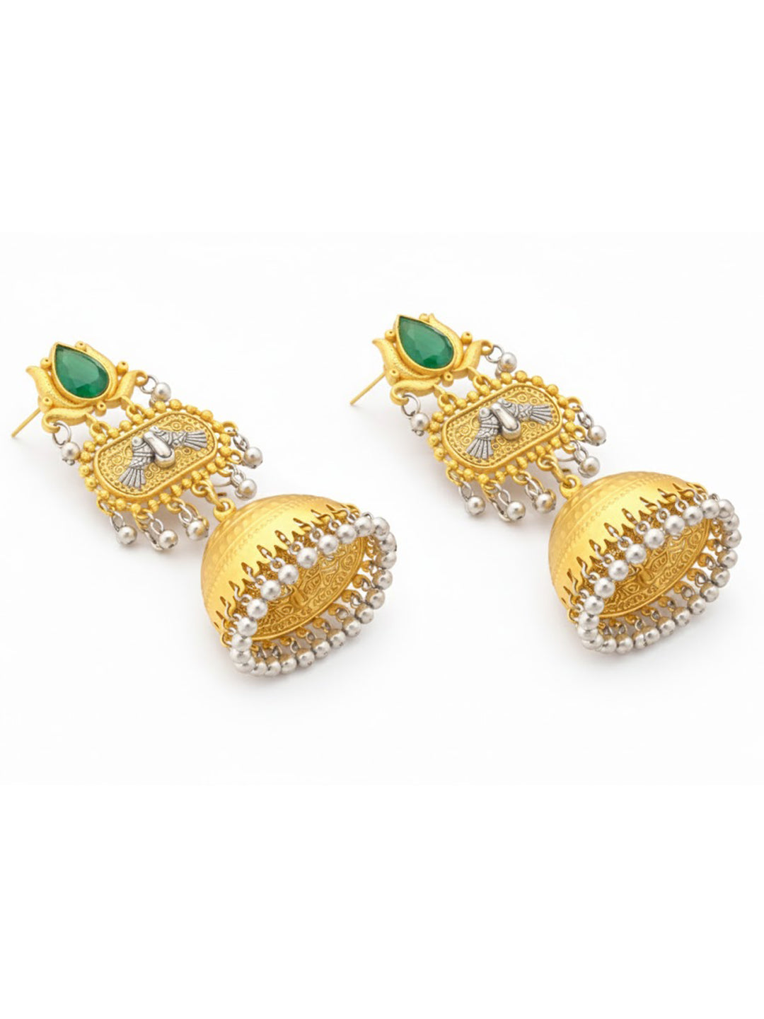 Traditional Indian Dual Two Tone Plated CZ, Pearl Studded Over-sized Jhumka Earring For Women - Green (SJE_332_G)