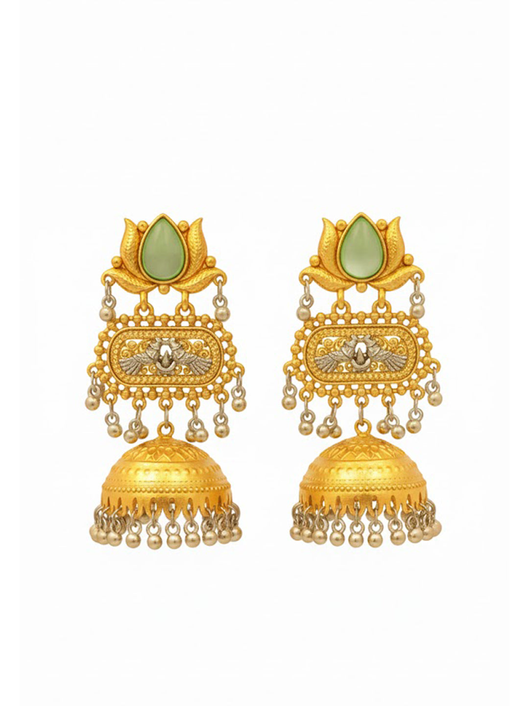 Traditional Indian Dual Two Tone Plated CZ, Pearl Studded Over-sized Jhumka Earring For Women - Light Green (SJE_332_LG)