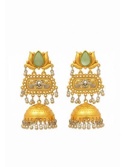 Traditional Indian Dual Two Tone Plated CZ, Pearl Studded Over-sized Jhumka Earring For Women - Light Green (SJE_332_LG)