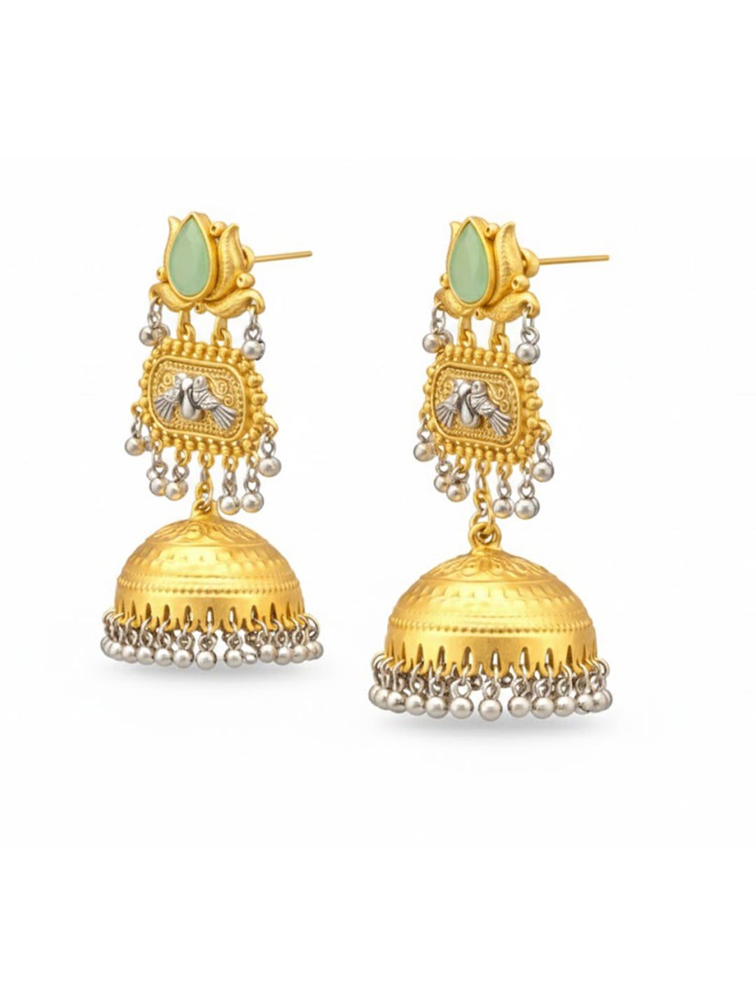 Traditional Indian Dual Two Tone Plated CZ, Pearl Studded Over-sized Jhumka Earring For Women - Light Green (SJE_332_LG)