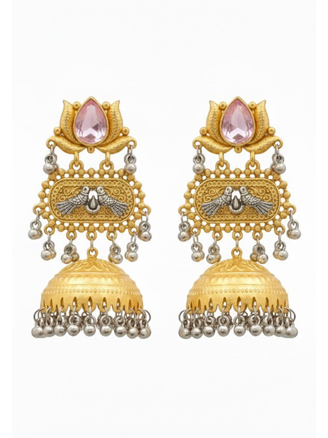 Traditional Indian Dual Two Tone Plated CZ, Pearl Studded Over-sized Jhumka Earring For Women - Light Pink (SJE_332_LP)
