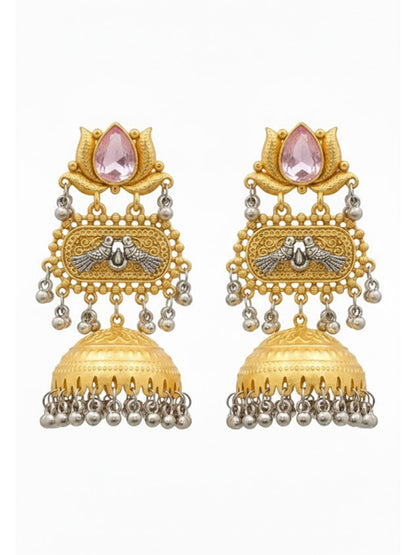 Traditional Indian Dual Two Tone Plated CZ, Pearl Studded Over-sized Jhumka Earring For Women - Light Pink (SJE_332_LP)