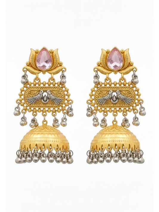 Traditional Indian Dual Two Tone Plated CZ, Pearl Studded Over-sized Jhumka Earring For Women - Light Pink (SJE_332_LP)