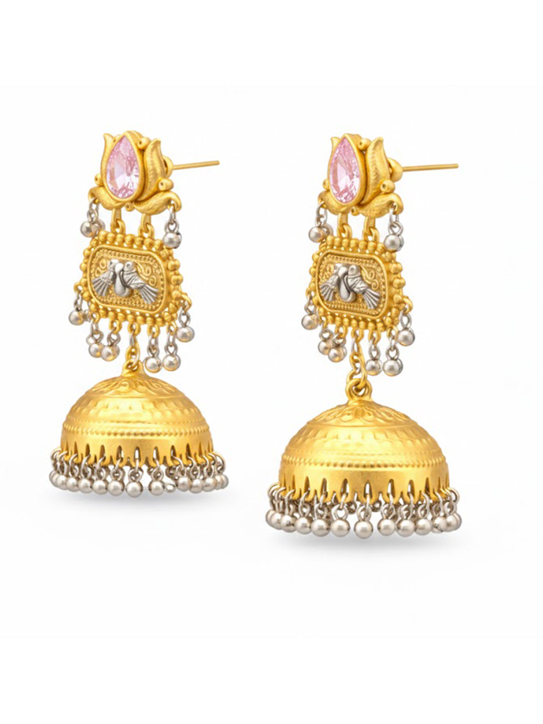 Traditional Indian Dual Two Tone Plated CZ, Pearl Studded Over-sized Jhumka Earring For Women - Light Pink (SJE_332_LP)