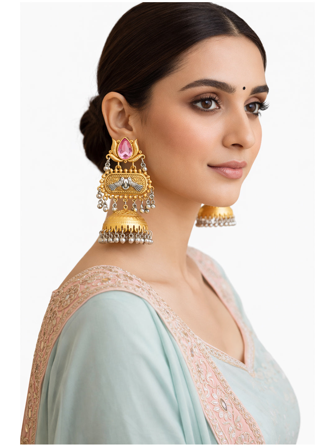 Traditional Indian Dual Two Tone Plated CZ, Pearl Studded Over-sized Jhumka Earring For Women - Light Pink (SJE_332_LP)