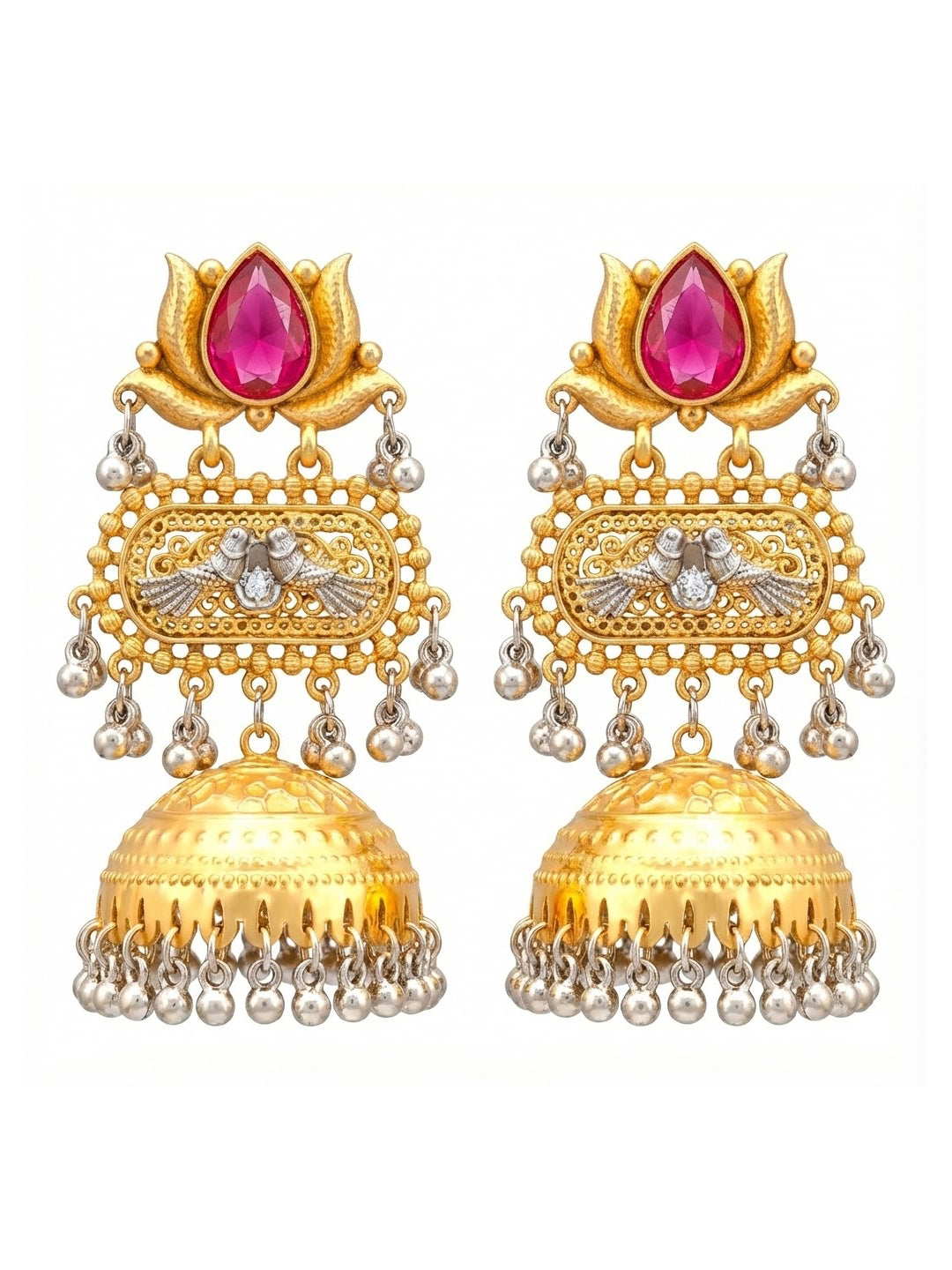 Traditional Indian Dual Two Tone Plated CZ, Pearl Studded Over-sized Jhumka Earring For Women - Maroon (SJE_332_M)